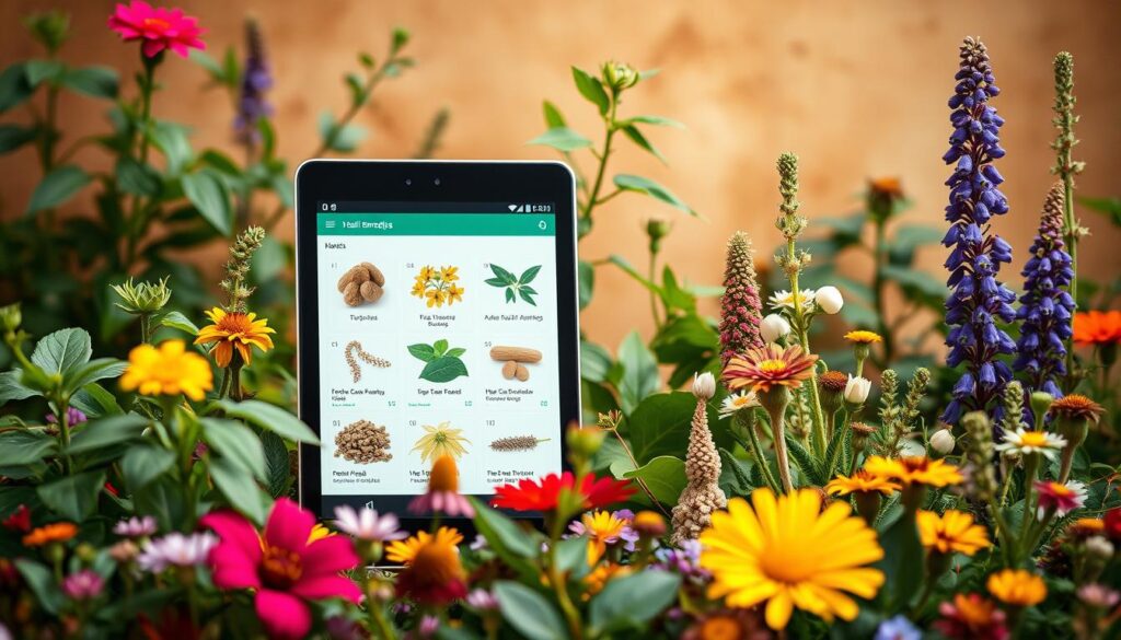 A beautifully crafted herbal medicine apk interface, with a lush botanical foreground of vibrant medicinal herbs and flowers. In the middle ground, a tablet device showcases the app's intuitive design and functionality, its screen displaying information on various herbal remedies. The background is a warm, earthy palette, evoking a sense of natural wellness and traditional healing practices. Soft, diffused lighting illuminates the scene, creating a calming, inviting atmosphere. The overall composition conveys the app's emphasis on holistic, plant-based healthcare solutions.
