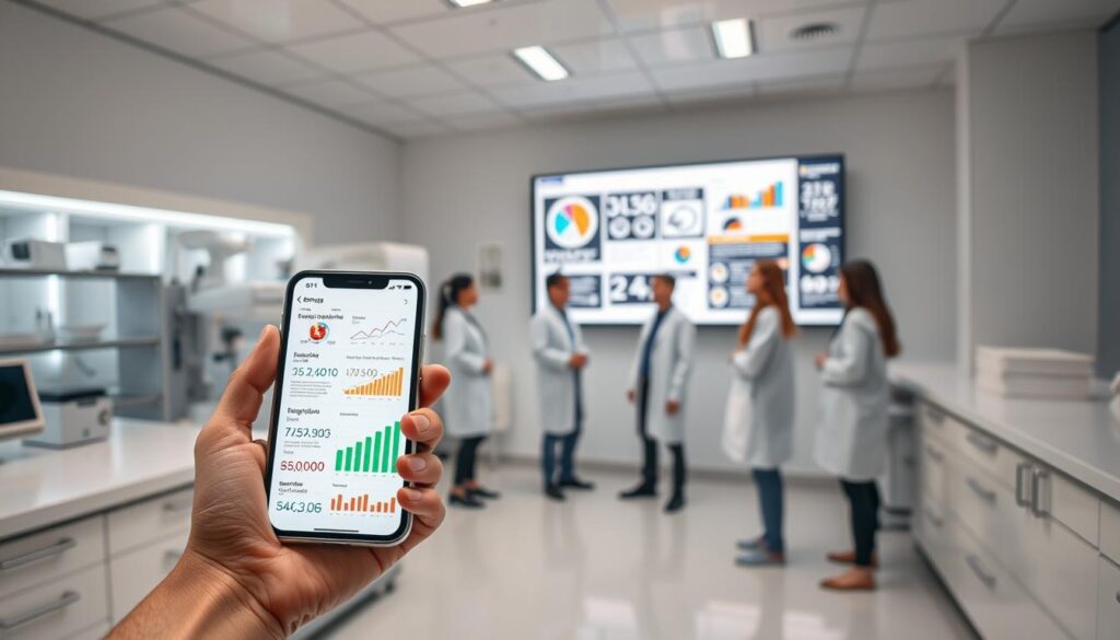 A clean, modern laboratory setting with sleek, white surfaces and state-of-the-art medical equipment. In the foreground, a hand holds a mobile device displaying various graphs, charts, and data visualizations related to weight loss and wellness apps. The middle ground features a team of researchers in lab coats, engaged in discussion and analysis of the data. The background showcases a large display screen, projecting detailed infographics and scientific findings on the effectiveness of evidence-based approaches in weight loss applications. Warm, directional lighting illuminates the scene, creating a sense of professionalism and authority.