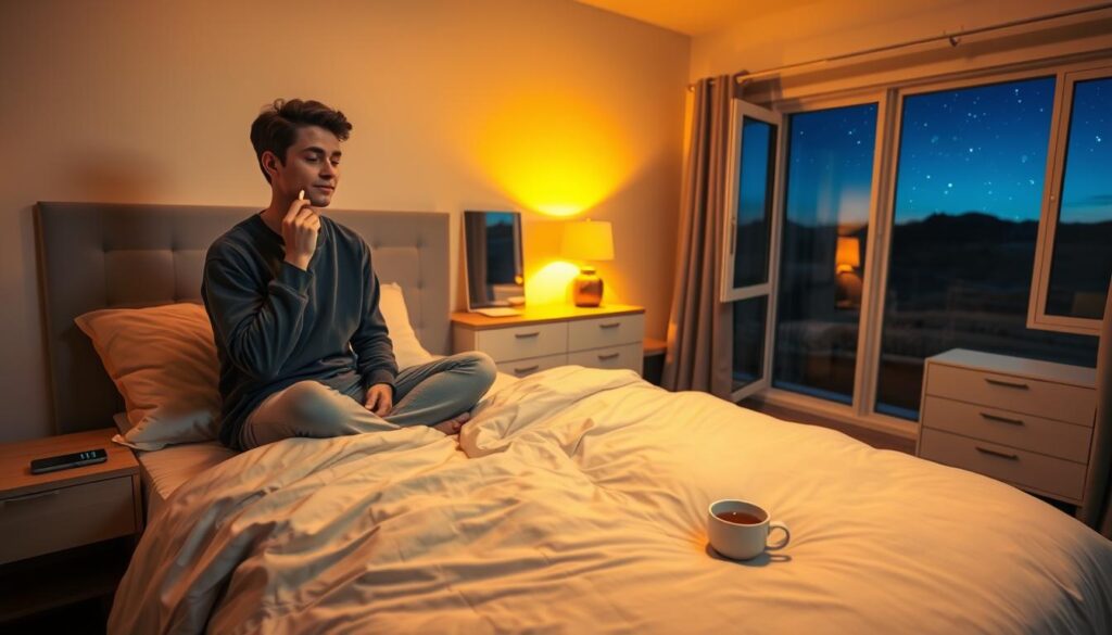 A cozy bedroom at twilight, with warm yellow lighting casting a soft glow. In the foreground, a young person sitting on the edge of a plush, inviting bed, engaged in their bedtime routine - brushing their teeth, applying moisturizer, and slipping into comfortable sleepwear. On the nightstand, a sleep-tracking smart device and a cup of herbal tea. The middle ground features a modern, minimalist dresser and an open window, letting in the gentle evening breeze. In the background, a peaceful landscape of rolling hills and a starry night sky, creating a tranquil, relaxing atmosphere.