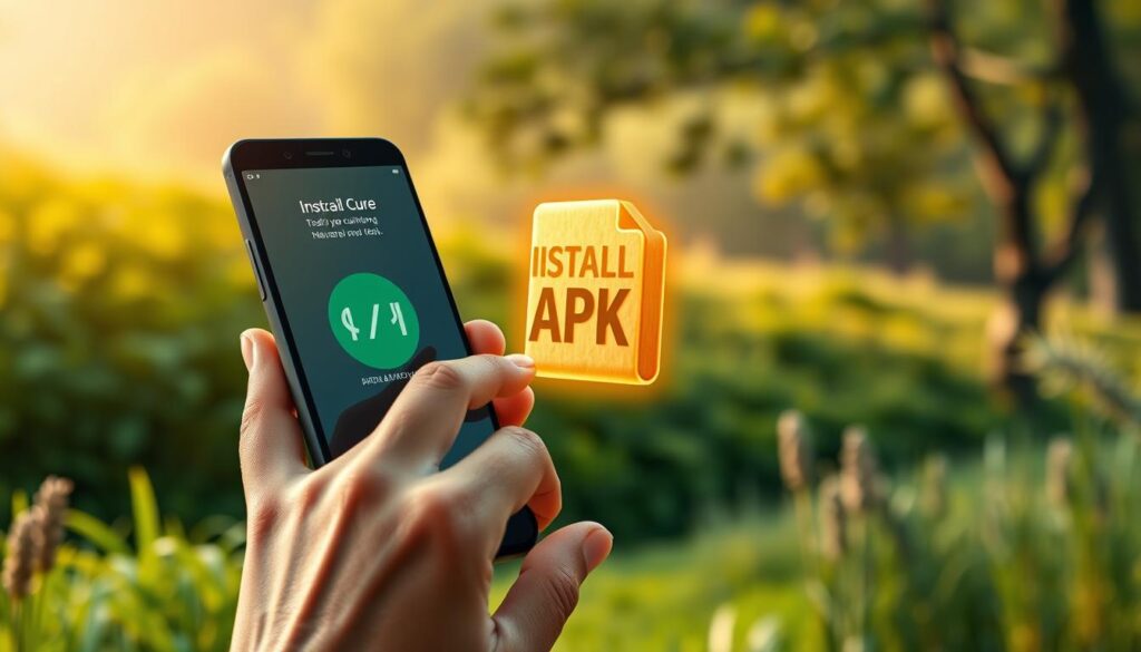 A detailed, step-by-step process of installing a natural cure APK on a mobile device. In the foreground, hands carefully navigating through a sleek, modern smartphone interface, tapping on the APK file to initiate the installation. In the middle ground, a floating 3D model of the APK package, glowing with a natural, earthy aesthetic. In the background, a serene, organic landscape with lush greenery, soothing natural lighting, and a calming atmosphere that evokes the essence of herbal medicine. The scene conveys a sense of trust, simplicity, and the harmonious integration of traditional remedies with modern technology.