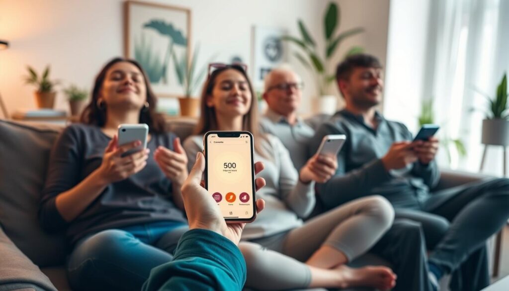 A group of people sitting comfortably on a plush sofa, their faces relaxed and eyes closed, as they engage with a variety of smartphone apps designed for relaxation and meditation. The room is bathed in a warm, soft light, creating a calming and serene atmosphere. In the foreground, a user's hand holds a smartphone, the screen displaying a popular breathing exercise app. The middle ground features additional users, each absorbed in their own relaxation experience. The background showcases a minimalist, nature-inspired decor, with potted plants and soothing artwork. The overall scene conveys a sense of tranquility, mindfulness, and the positive impact of digital tools for stress management and well-being.