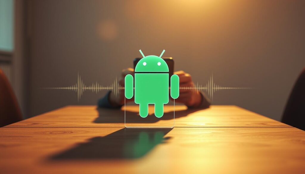 A high-resolution, cinematic image of a breathing Android Application Package (APK) file resting on a wooden table, with a warm, natural lighting that casts subtle shadows. The APK appears to be glowing softly, with a slight pulse effect that mimics breathing, symbolizing the "living" nature of the software. In the middle ground, there are a pair of hands holding a mobile device, representing the user's interaction with the APK. The background is blurred, but hints at a minimalist, clutter-free workspace, emphasizing the focus on the secure download and installation process.