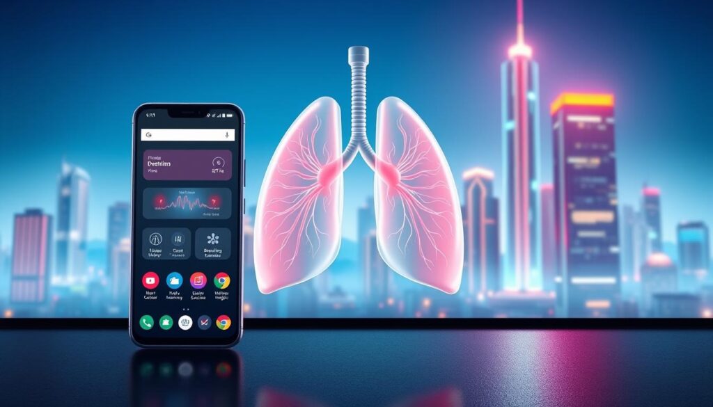 A highly-detailed, technical illustration showcasing the key features of a sleek, modern lung health Android app. The foreground displays the app's clean, intuitive user interface with various icons and widgets representing respiratory monitoring, breathing exercises, and personalized health insights. The middle ground features a transparent 3D model of human lungs, pulsing and animating to visualize respiratory function. The background depicts a futuristic, minimalist cityscape with glowing skyscrapers and a vibrant, saturated color palette conveying a sense of innovation and wellness technology. Crisp lighting, precise perspective, and a cool, high-tech atmosphere combine to create a striking, visually compelling image.