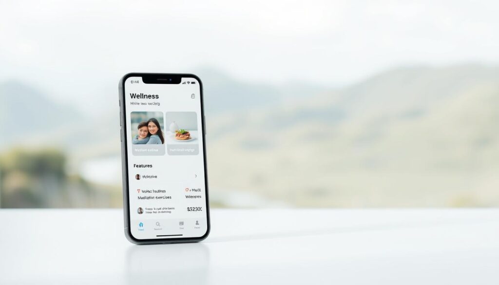 A minimalist, elegant mockup of a mobile app interface showcasing the core features of an offline wellness application. The foreground depicts a sleek, modern smartphone display with a clean, intuitive UI design highlighting key wellness tracking functionalities like workout routines, meditation exercises, and nutritional logging. The middle ground features a soft, blurred background of a serene natural landscape, conveying a sense of tranquility and well-being. The lighting is natural and diffused, creating a calming, organic atmosphere. The overall composition emphasizes the app's purpose of empowering users to maintain a healthy lifestyle, even without an internet connection.