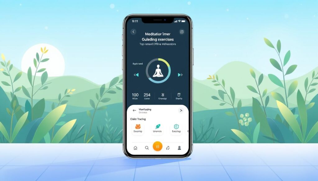 A modern, minimalist illustration showcasing the key features of a top-rated offline wellness APK. In the foreground, display the app's core functionalities - a meditation timer, guided breathing exercises, and a calorie tracking interface. In the middle ground, depict a stylized user interface with simple icons and clean typography. In the background, create a serene, nature-inspired setting with lush greenery, soft lighting, and a calming color palette of blues and greens. Utilize a flat, vector-style art direction to convey a sense of digital simplicity and wellness. Maintain a balance between the functional app elements and the tranquil, relaxing ambiance.