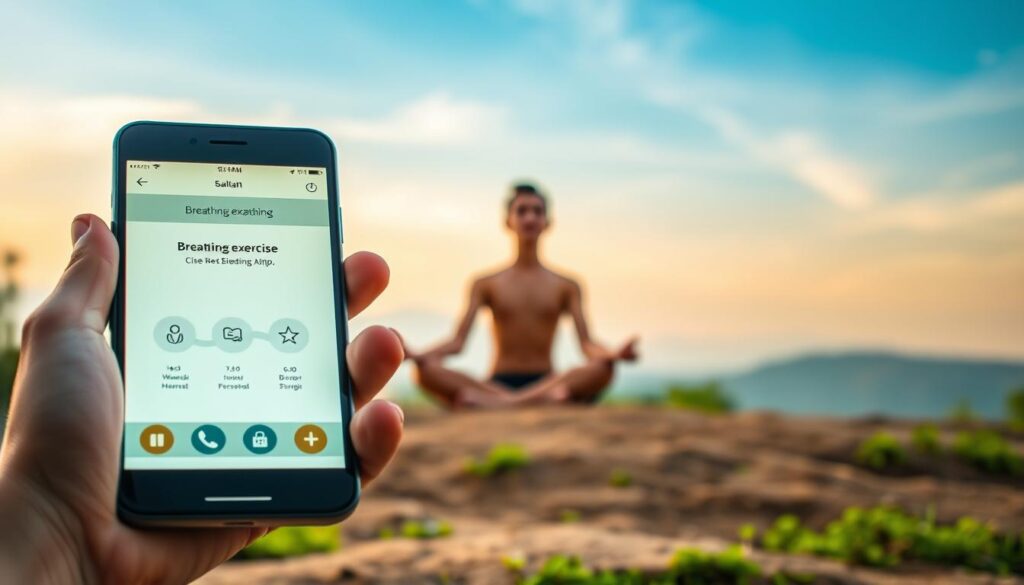 A serene and calming landscape, with a glowing mobile device held in the foreground, its screen displaying a breathing exercise app interface. The device rests on a peaceful, earthy surface, surrounded by lush greenery and soft lighting. In the middle ground, a person sits cross-legged, their eyes closed, deeply engaged in a mindful breathing session, their body radiating a sense of tranquility. The background features a blurred, natural setting, with a calming sky and gentle, wispy clouds overhead, creating an atmosphere of serenity and mental well-being.