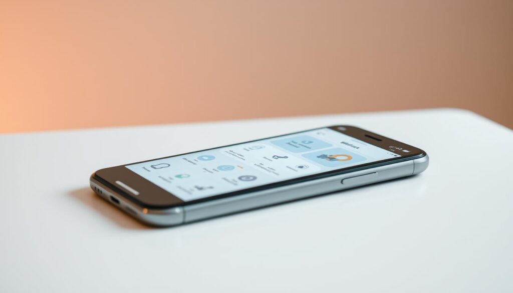 A serene and minimalist mobile device display showcases a wellness app interface. In the foreground, a sleek smartphone rests on a clean, white surface, its screen illuminated with a softly glowing, distraction-free dashboard. The middle ground features simple icons and intuitive UI elements, guiding the user through features like workout tracking, meditation, and sleep monitoring. The background is a tranquil, out-of-focus landscape, hinting at the app's ability to enhance one's connection with nature and overall well-being. Subtle warm lighting and a muted color palette create a calming, offline atmosphere, reflecting the app's mission to empower users to prioritize their health without relying on constant connectivity.
