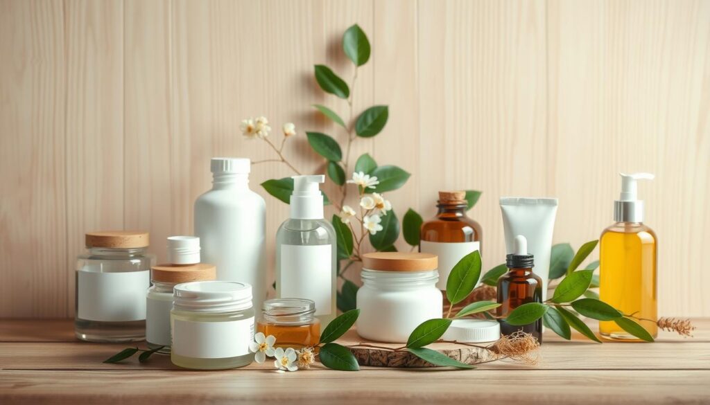 A serene and natural skincare product display on a wooden background, with soft lighting and a calming, wellness-focused atmosphere. In the foreground, an assortment of natural, organic skincare items such as jars, bottles, and tubes, arranged in a visually appealing manner. The middle ground features lush, green leaves and delicate floral accents, hinting at the natural ingredients within the products. The background showcases a neutral, warm-toned wooden surface, creating a sense of sophistication and simplicity. The overall composition conveys the essence of "Skincare APK" - a natural, holistic approach to beauty and self-care.