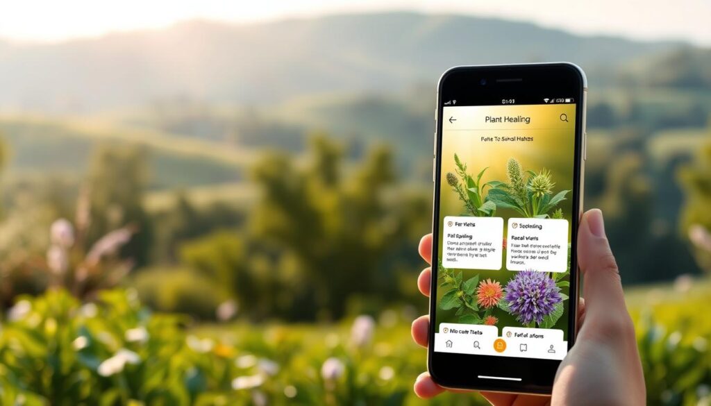A serene landscape showcasing a plant healing app interface. In the foreground, a stylized mobile device displays a lush, botanically-accurate rendering of various herbs and plants, each with informative tooltips. The middle ground features a tranquil garden setting, with sunlight filtering through the foliage and creating a warm, inviting atmosphere. In the background, a blurred, natural backdrop of rolling hills or a forest creates a sense of balance and harmony. The overall composition conveys the idea of using technology to connect with the healing power of nature, with a focus on simplicity, clarity, and a calming aesthetic.