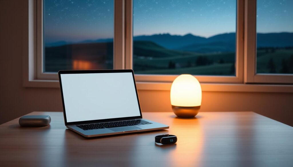 A serene, minimalist workspace with a laptop, sleep-tracking wearable, and a soothing lamp on a clean, wooden desk. The room is bathed in soft, warm lighting, creating a calming atmosphere. In the background, a gentle landscape with rolling hills and a starry night sky is visible through a large window, promoting a sense of tranquility. The setup conveys a thoughtful, personalized approach to optimizing sleep patterns and overall well-being.