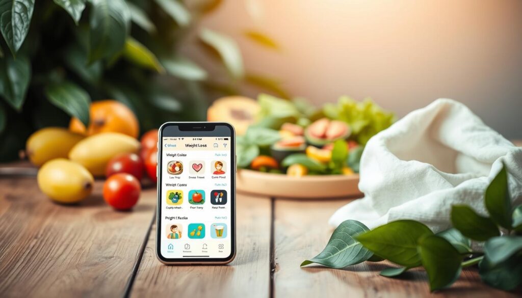 A serene, natural scene with a mobile device prominently displayed in the foreground, showcasing various weight loss app options. The device is positioned on a wooden surface, surrounded by healthy green leaves, fresh fruits, and a balanced meal in the background, creating a calming and wellness-focused atmosphere. The lighting is soft and natural, casting a warm glow on the scene. The camera angle is slightly elevated, giving a bird's-eye view and emphasizing the central focus on the mobile device. The overall composition conveys a sense of balance, simplicity, and a holistic approach to weight loss through digital tools and natural, healthy lifestyle choices.