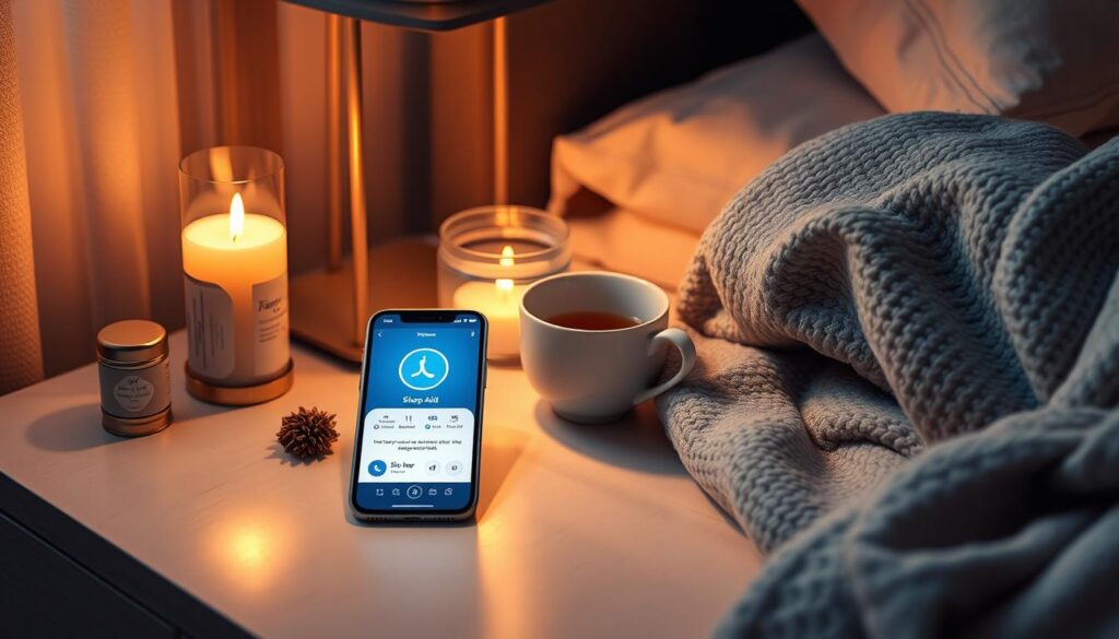 A serene nightstand with a softly glowing smartphone displaying a sleep aid app interface, surrounded by calming accessories like a scented candle, a relaxing herbal tea cup, and a cozy, plush blanket. The scene is illuminated by warm, ambient lighting, creating a tranquil, sleep-inducing atmosphere. The app's features, such as sleep tracking, customizable soundscapes, and sleep cycle optimization, are subtly hinted at through the design elements. The overall composition conveys the idea of an effortless, technology-assisted path to better rest and rejuvenation.