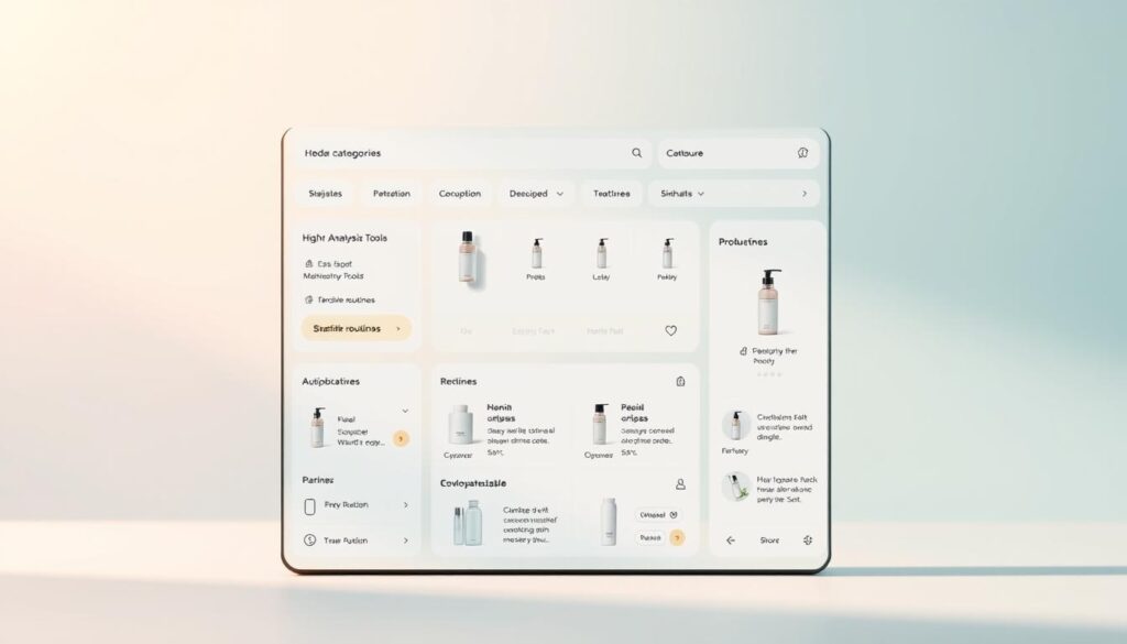 A sleek and intuitive skincare app interface with a clean, minimalist design. In the foreground, a neatly organized dashboard displaying various product categories, skin analysis tools, and customizable routines. The middle ground features high-resolution product images, detailed descriptions, and simple navigation icons. In the background, a soft, blurred gradient in soothing shades of blue and green, evoking a sense of tranquility and wellness. Warm, directional lighting highlights the interface's elegant typography and user-friendly layout, conveying a premium, high-quality aesthetic. The overall mood is one of effortless sophistication, inviting the user to explore and personalize their skincare journey within a polished, technology-driven application.