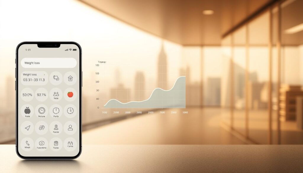 A sleek and modern weight loss app interface, with a clean and intuitive dashboard displaying key features. In the foreground, a minimalist icon grid showcases various tools like calorie tracking, exercise routines, and progress monitoring. The middle ground features a large graph displaying weight loss trends over time, with a smooth, data-driven visualization. In the background, a soft, blurred city skyline provides a serene, metropolitan atmosphere, conveyed through warm, natural lighting and a muted color palette. The overall impression is one of a well-designed, user-friendly app that empowers users on their weight loss journey.