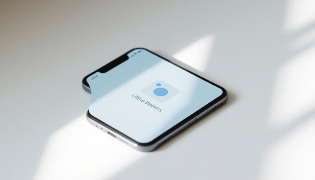 A sleek, minimalist smartphone screen displaying an offline wellness app icon, gently illuminated by soft, natural lighting. The app icon is prominently featured, its clean design and calming colors conveying a sense of digital well-being. The smartphone is placed on a smooth, uncluttered surface, creating a serene, focused composition. The overall atmosphere is one of simplicity, digital calm, and the reassurance of an offline, self-contained wellness solution.