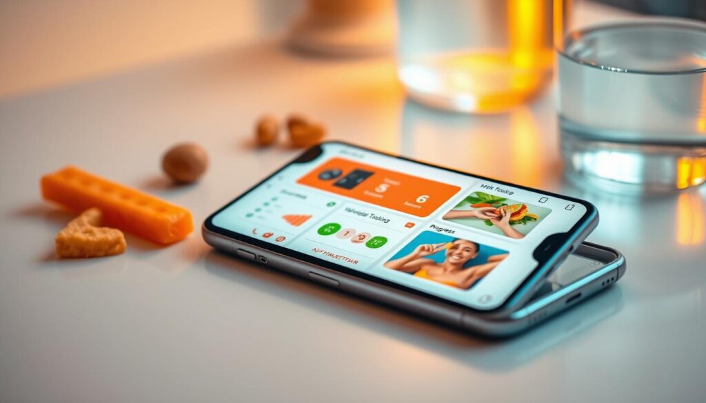 A sleek smartphone screen displaying a modern diet app dashboard, showcasing various features such as calorie tracking, meal planning, and progress monitoring. Warm lighting illuminates the device, creating a soft, inviting atmosphere. The screen is positioned on a minimalist white table, surrounded by healthy snacks and a glass of water, conveying a sense of balance and wellness. The composition emphasizes the user-friendly interface and the convenience of accessing the diet app anytime, anywhere.