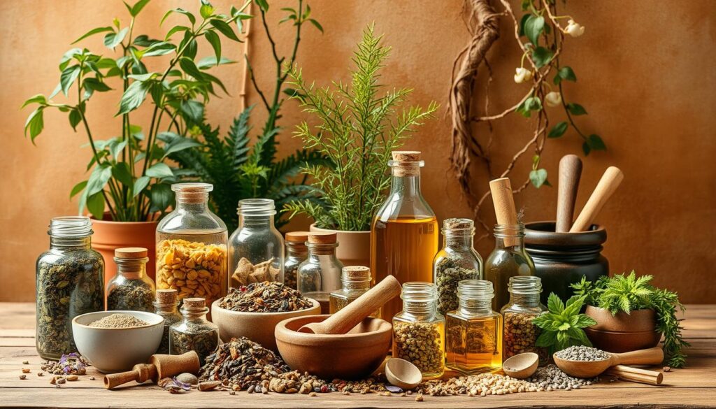 A still life arrangement of various herbal remedies against a warm, earthy backdrop. In the foreground, a collection of glass bottles, jars, and vials filled with aromatic dried herbs, flowers, and extracts. Displayed alongside are mortar and pestles, ceramic dishes, and wooden utensils, all bathed in soft, natural lighting. In the middle ground, a lush, verdant backdrop of potted plants, ferns, and vines, creating a soothing, organic ambiance. The image conveys a sense of tranquility, wellness, and the restorative power of nature's botanical gifts.