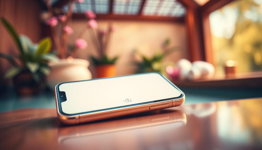 A vibrant, visually captivating image of a modern smartphone screen displaying the "Beauty Remedy" app interface. The foreground features the app's clean, minimalist design with prominent buttons, icons, and a sleek, high-resolution display. The middle ground showcases the phone itself, with a stylish, premium-looking device in a neutral color against a softly blurred background. The background layer depicts a serene, natural setting, perhaps a tranquil garden or spa-like environment, to convey a sense of relaxation and wellness. Warm, diffused lighting creates a soothing, inviting atmosphere, while the camera angle suggests a dynamic, eye-level perspective to draw the viewer into the scene. The overall composition and attention to detail should effectively capture the essence of the "Beauty Remedy" app and its intended purpose.