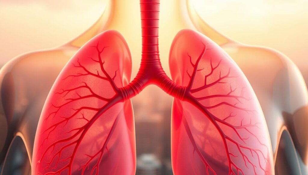 A well-lit, closeup view of a healthy human respiratory system, with the lungs prominently featured. The lungs are depicted in shades of pink and red, appearing vibrant and oxygenated. The trachea and bronchioles are visible, showcasing the intricate network that facilitates the flow of air. In the background, a soft, blurred cityscape or natural landscape conveys a sense of tranquility and wellness. The lighting is warm and gentle, creating a calming atmosphere that evokes a feeling of respiratory ease and rejuvenation.
