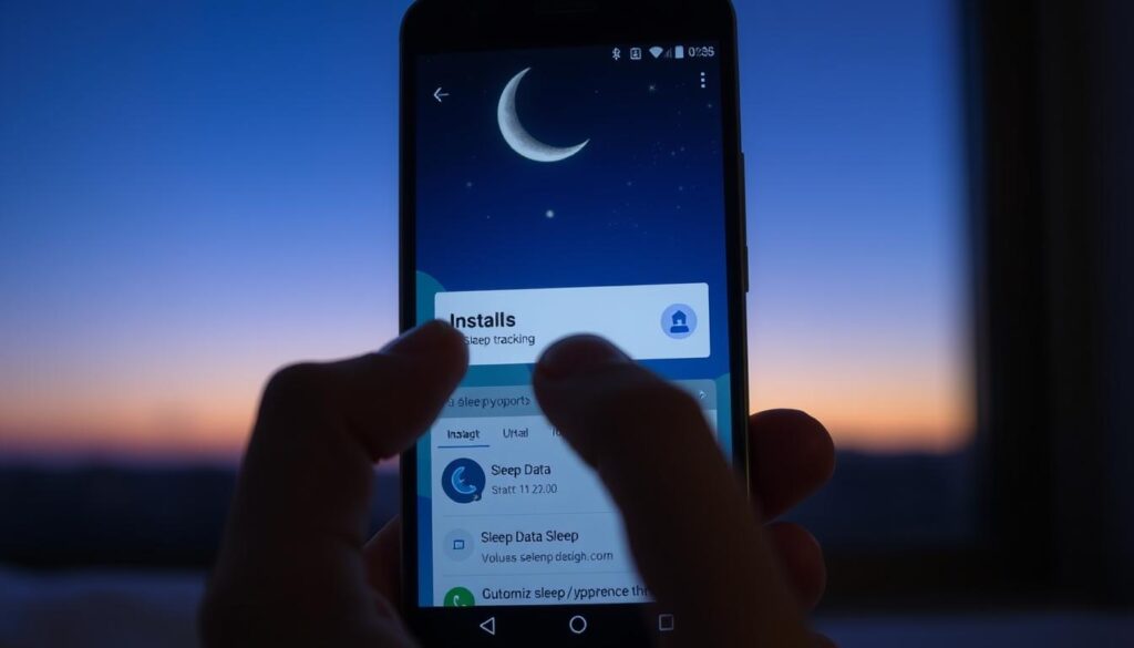 An Android smartphone screen displaying the installation process of a sleep tracking application. In the foreground, a hand is carefully tapping the "Install" button on the app's download page. The middle ground shows the app's user interface, with a clean and minimalist design featuring sleep data visualizations and customization options. The background depicts a peaceful nighttime scene, with a crescent moon and twinkling stars in a serene sky, evoking a sense of tranquility and rest. The lighting is soft and natural, with a warm, muted color palette. The overall composition conveys the effortless integration of the sleep tracking app into the user's daily routine for improved sleep quality.