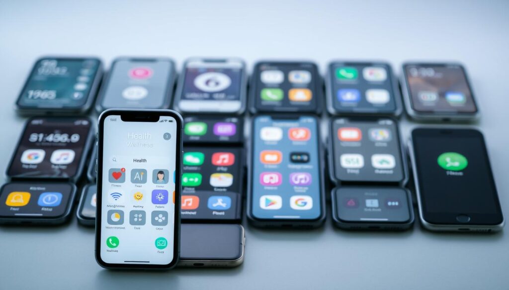 An array of mobile devices arranged in a grid, showcasing various offline wellness app categories. The foreground features a smartphone with a health app interface, highlighting popular wellness app sections like fitness, nutrition, mindfulness, and sleep. The middle ground displays additional devices with app icons representing different wellness categories. The background has a subtle gradient or texture, creating a clean, minimalist composition. The overall scene conveys a sense of organization, productivity, and the accessibility of offline wellness solutions for mobile users.