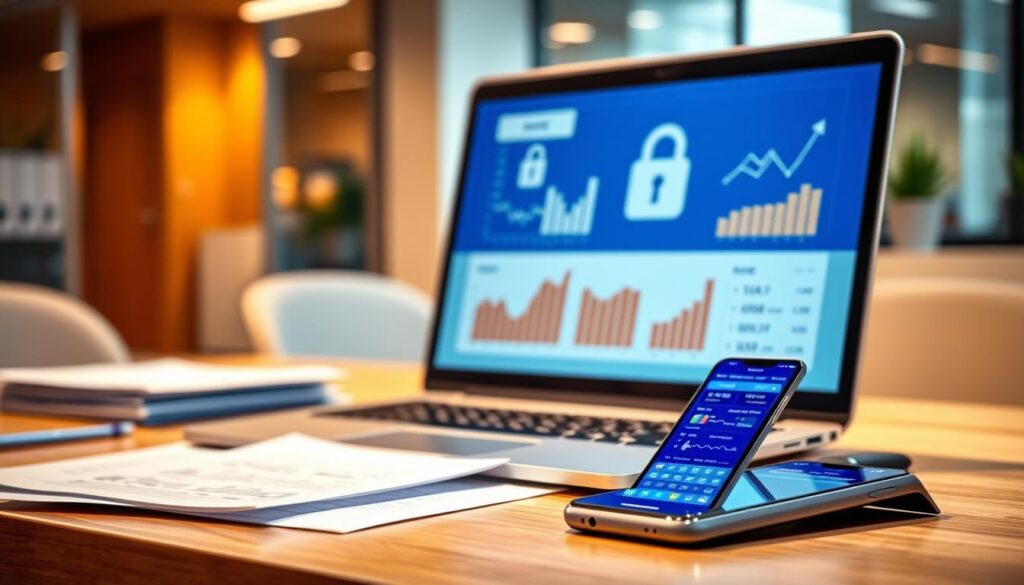 An office desk with a laptop, smartphone, and documents, illuminated by warm lighting, against a blurred background of an office interior. The laptop screen displays a security lock icon and data analytics graphs, emphasizing the importance of data privacy and security in weight loss apps. The smartphone screen shows a weight loss app interface, connecting the digital and physical aspects of the topic. The overall scene conveys a sense of professionalism, technology, and the need for robust data protection in the weight loss app industry.
